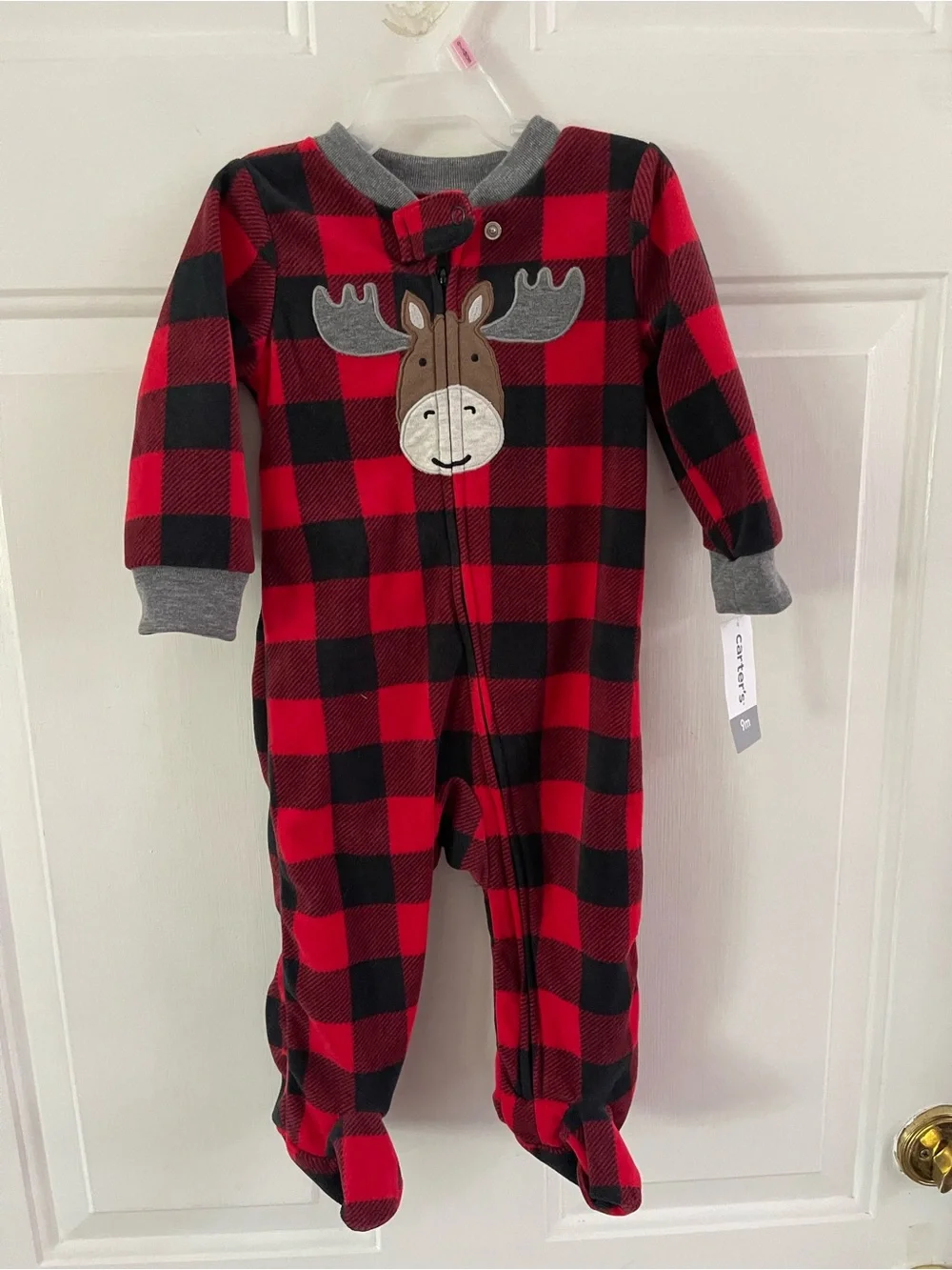 Carter's Red and Black Buffalo Plaid Moose Footed One-Piece
